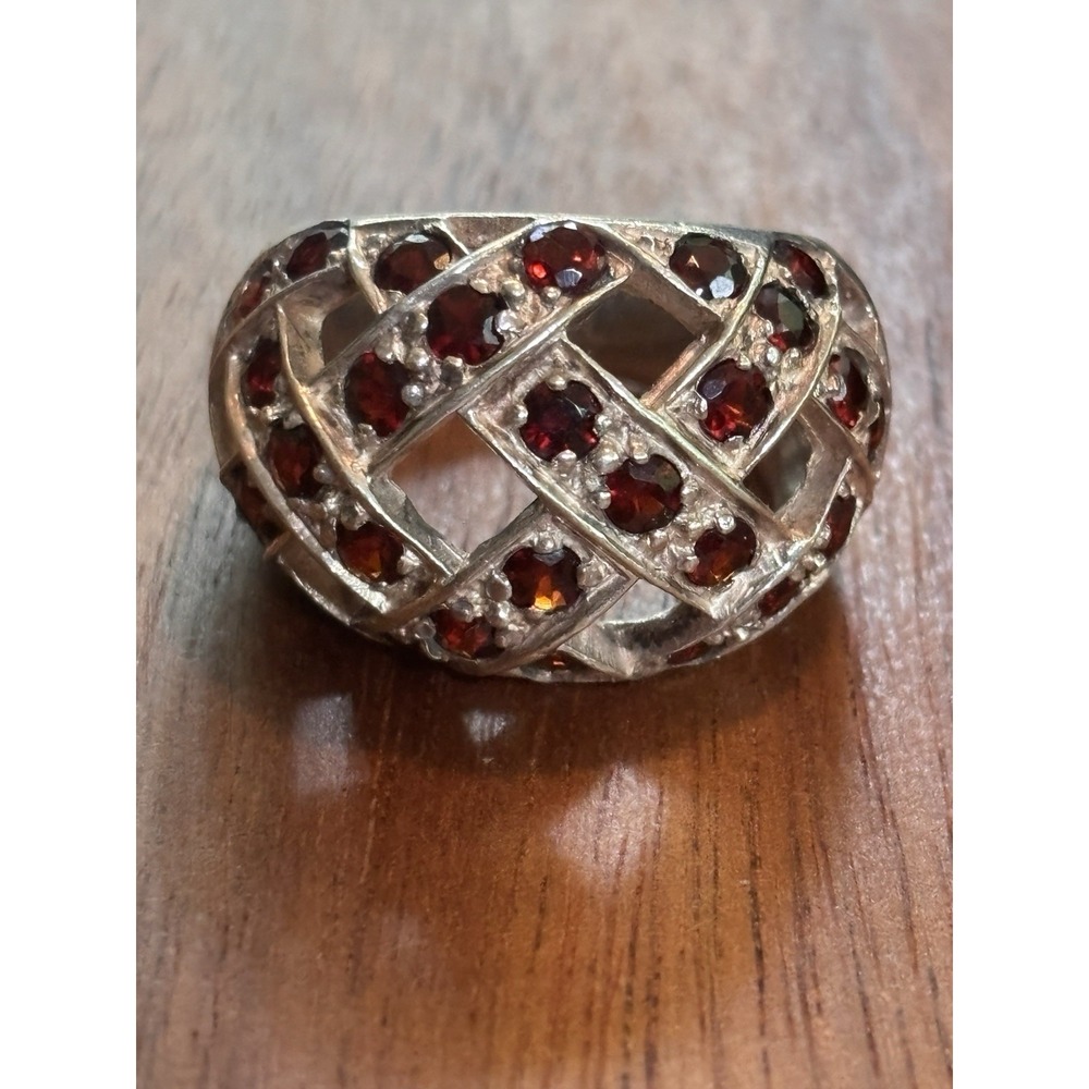 Open Weave Sterling Silver And Garnet Some Ring Size 9